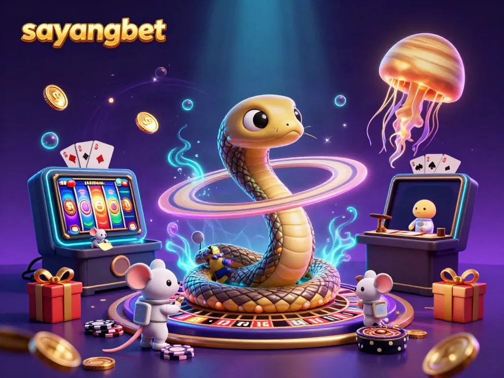 Experience the thrill of sayangbet with a cosmic illustration featuring gaming elements like slots and roulette.