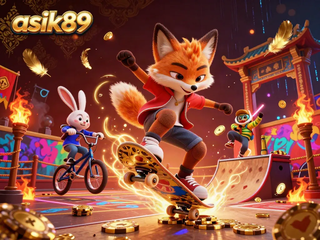 Experience thrilling action at asik89 with a 3D cartoon fox performing tricks over golden poker chips, enhancing excitement in online gambling.