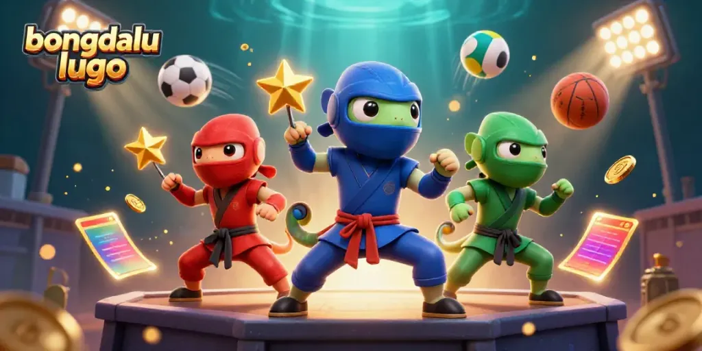 Bongdalu lugo showcases a dynamic scene of chameleon ninjas engaging in martial arts with vibrant sports elements surrounding them.