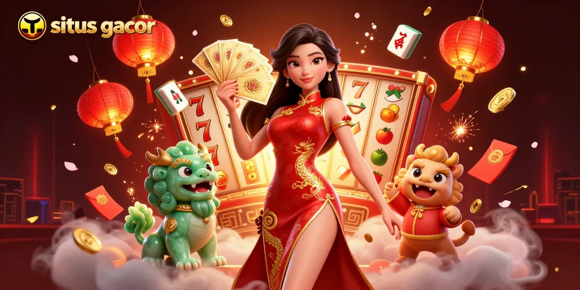 Engage with situs gacor through a vibrant casino scene featuring a woman in qipao and dynamic game elements.