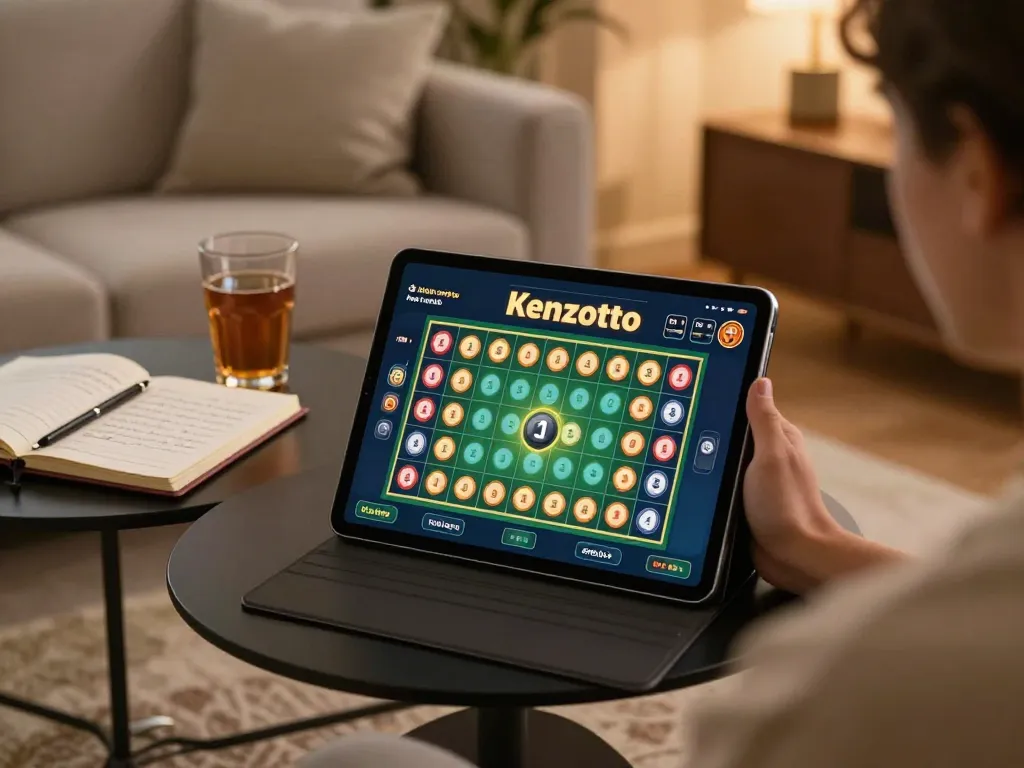 Pemain Kenzototo merencanakan strategi sambil menggunakan tablet di suasana rumah yang nyaman