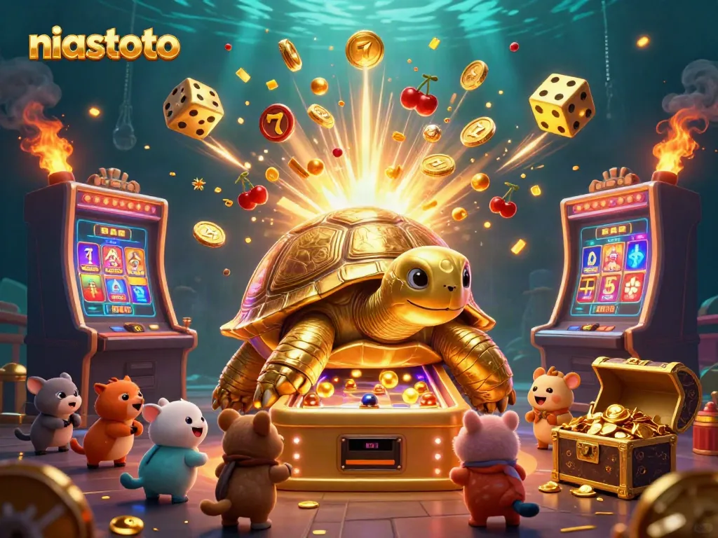 Menangkan jackpot dengan niastoto melalui mesin slot berkilauan dalam ilustrasi permainan kasino yang ceria.