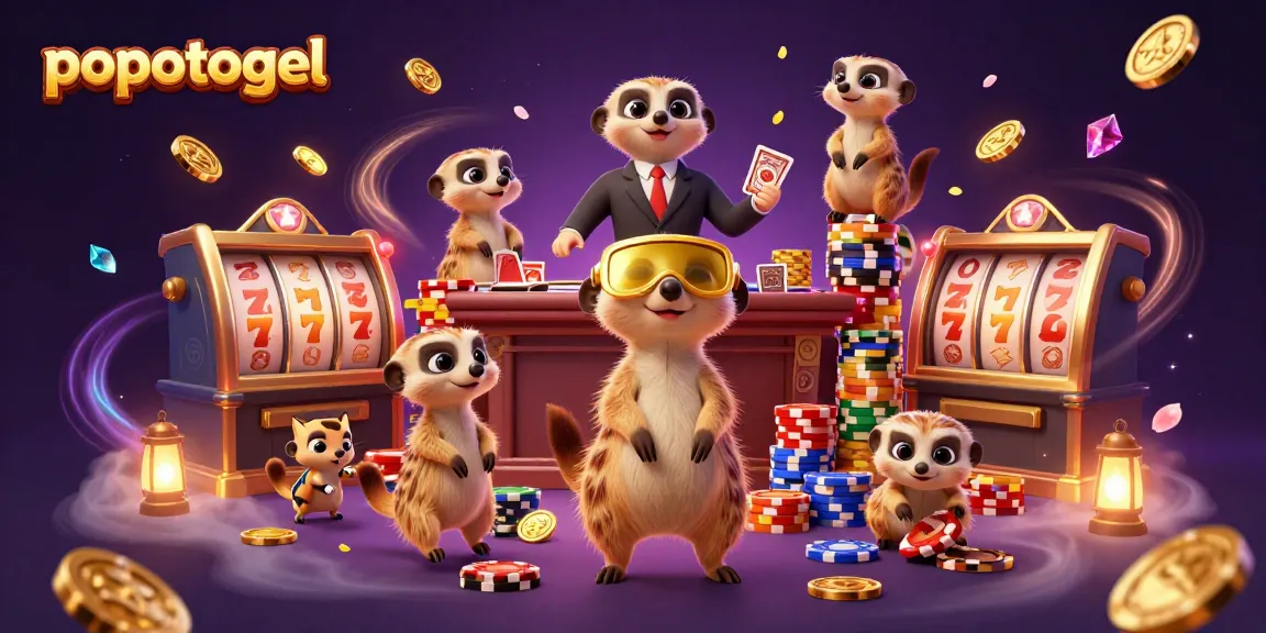 Experience the thrill of popotogel with cheerful meerkats running a vibrant casino, featuring reels and chips.