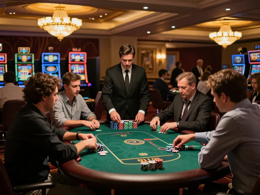 Pemain di meja poker merencanakan langkah mereka di kasino yang penuh warna, menggambarkan mahjong ways 2 pola menang malam.