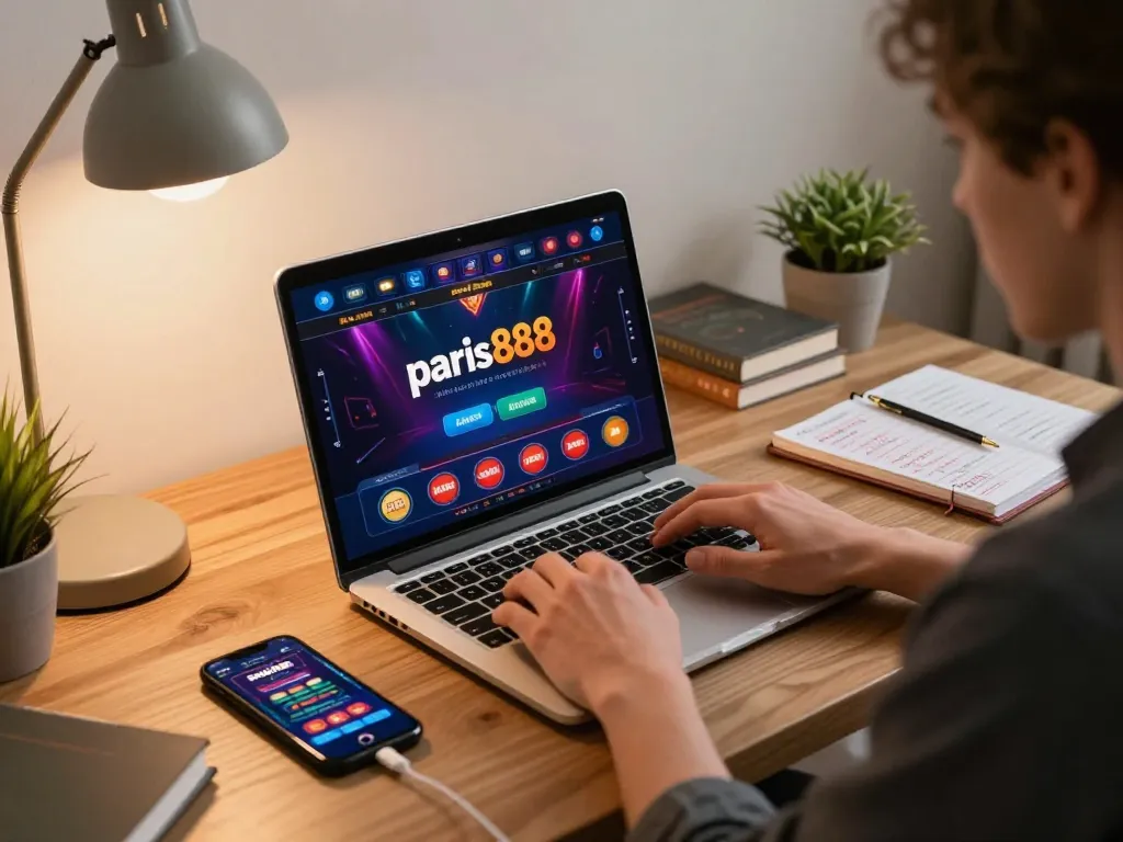 Orang yang terlibat dengan antarmuka kasino online yang cerah menampilkan paris888, fokus dan merencanakan strategi.