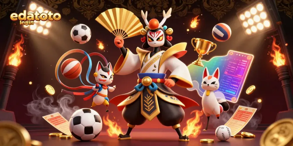 Gambarkan aksi login edatoto dengan petarung kabuki dan elemen permainan judi yang menarik