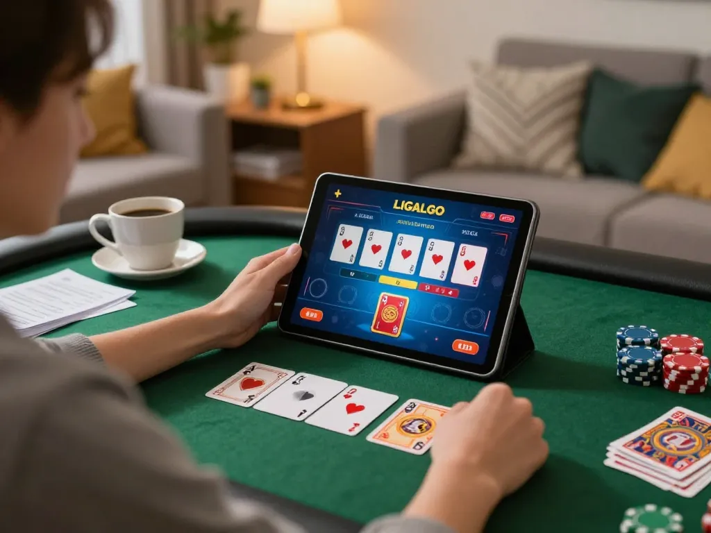 LIGALGO user playing poker on tablet in a cozy home setting, illustrating responsible gaming habits.