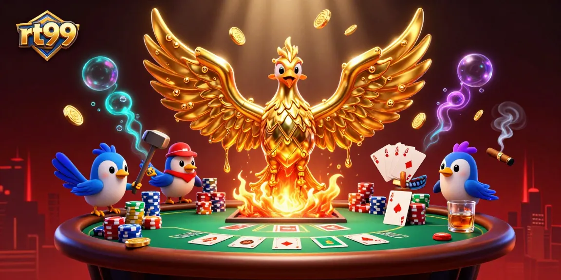 Experience rt99's thrilling gaming with a phoenix rising and poker elements in action.
