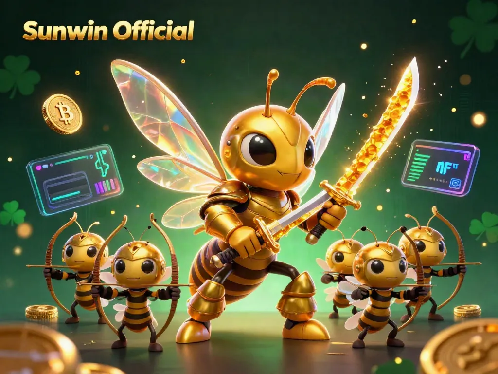 Engage in thrilling gaming experiences with Sunwin Official's dynamic graphic showcasing a golden samurai hornet and crypto elements.