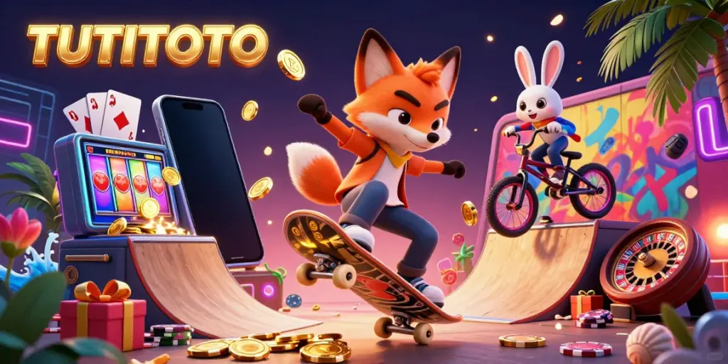 TUTITOTO skateboarder fox performing tricks over poker chips, vibrant casino-themed illustration.