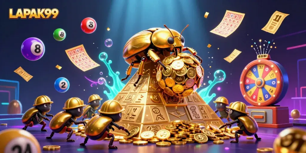 Engage with LAPAK99's vibrant lottery scene featuring a golden beetle and bouncing lottery balls delivering winning fun.