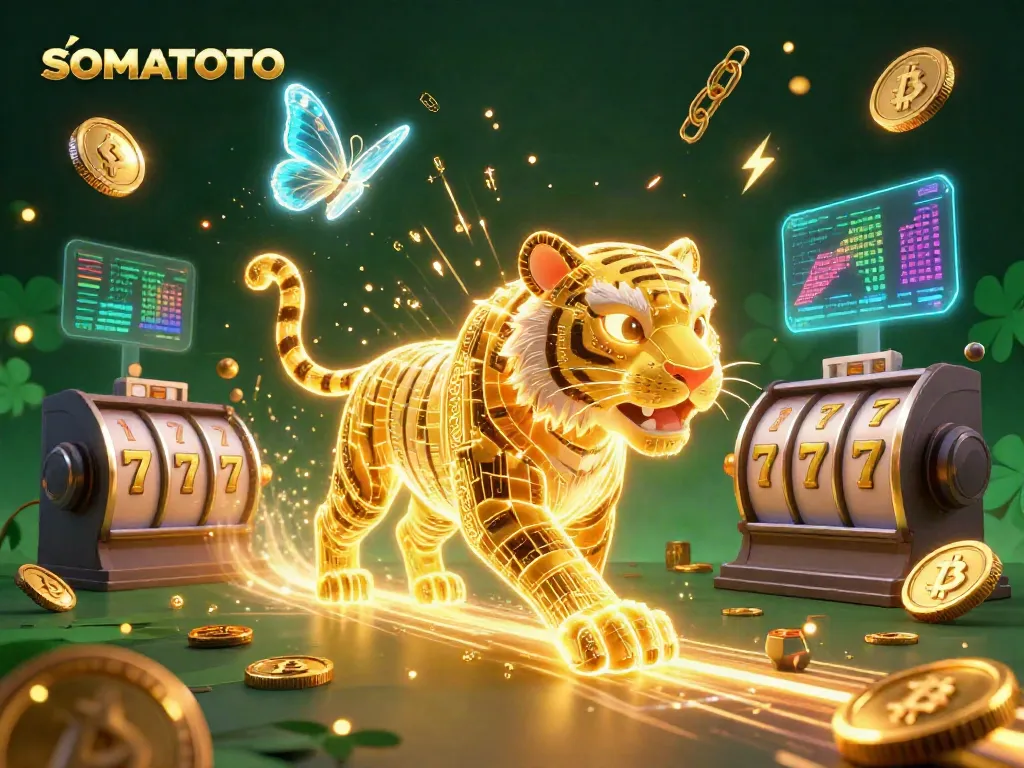 SOMATOTO integrates exciting slot features with a neon-wireframe golden tiger in a digital casino landscape.