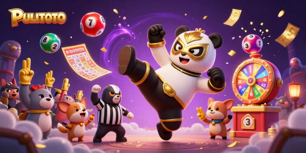 PULITOTO platform celebrates thrilling moments with a panda wrestler kicking in vibrant casino scene.