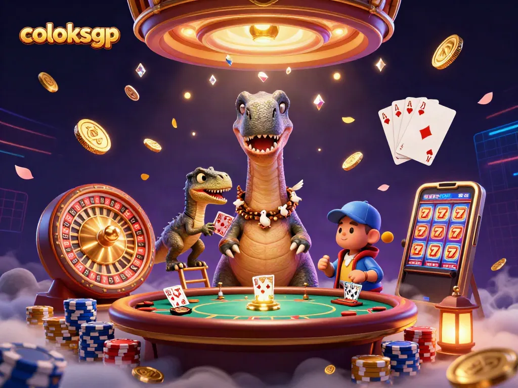 Menangkan taruhan di coloksgp dengan brontosaurus raksasa dan raptor pintar, dikelilingi koin emas dan permata gemerlapan.