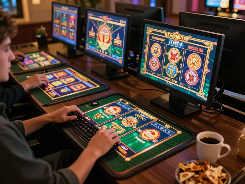 Engaging in exciting gameplay at OKESLOT online casino with multiple screen setups showcasing vibrant slot games.