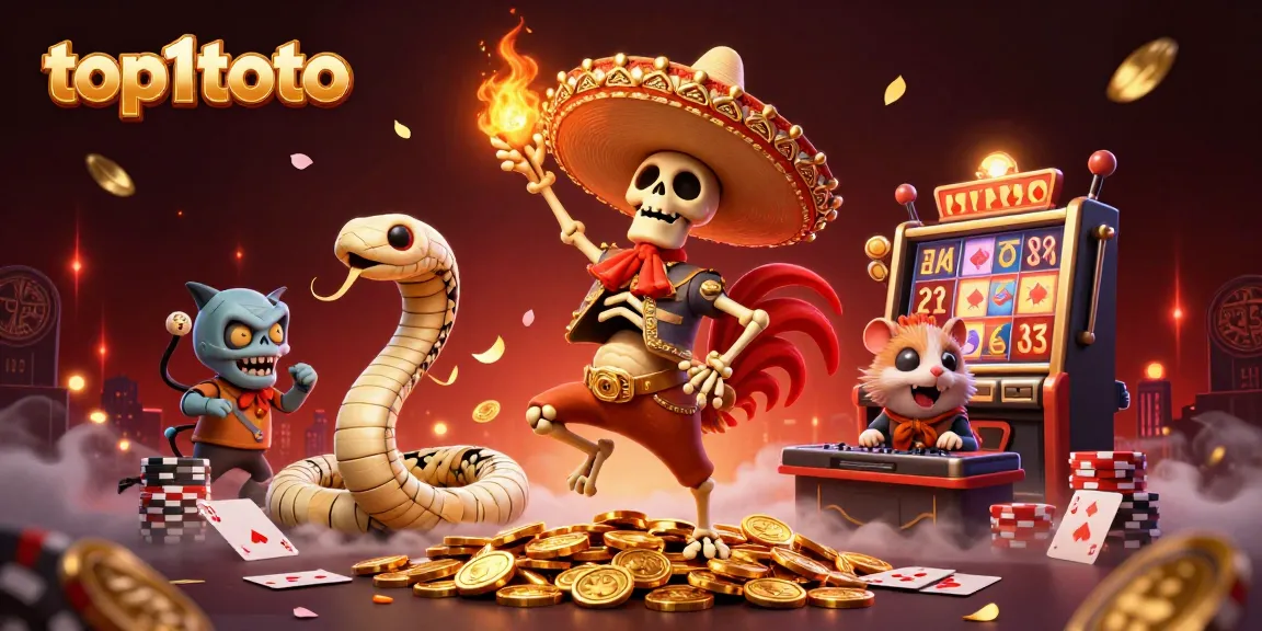 Experience top1toto with vibrant casino characters celebrating wins on a gold coin pile.