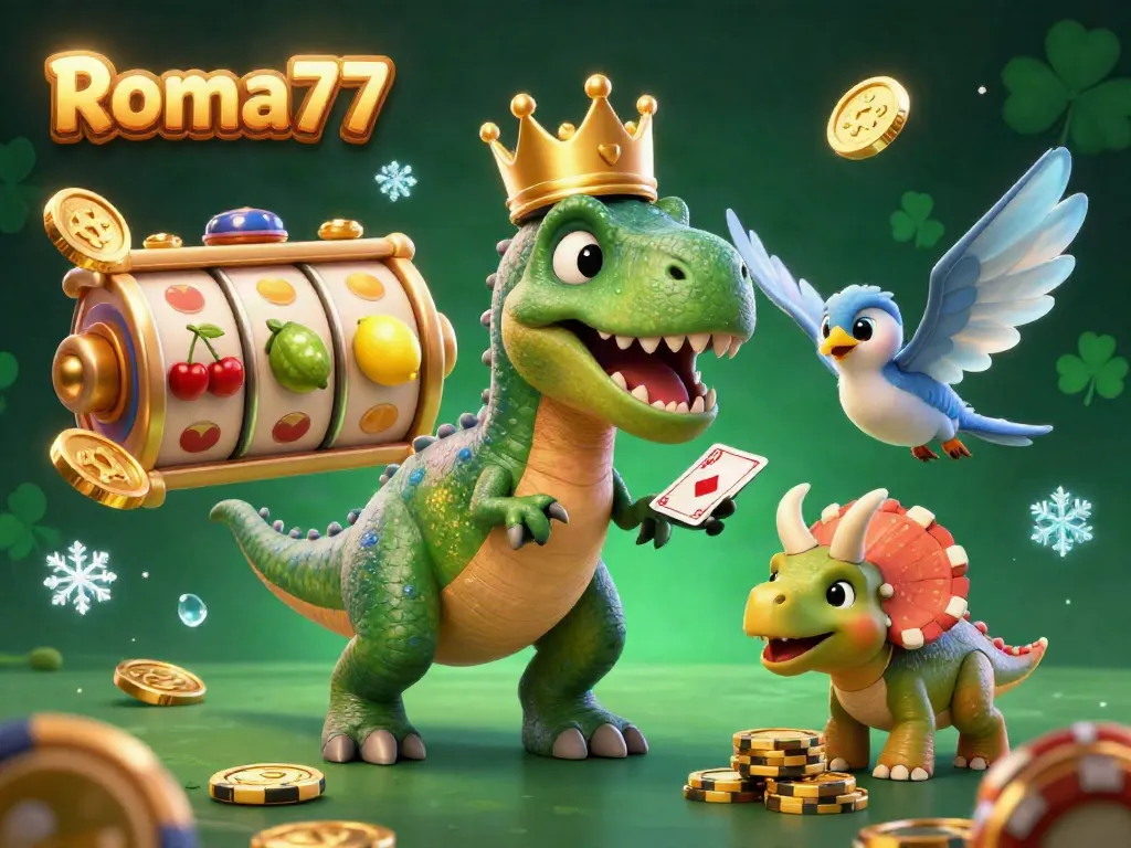 Experience engaging gameplay with Roma77: a lively scene featuring a T-Rex and friends playing slots.