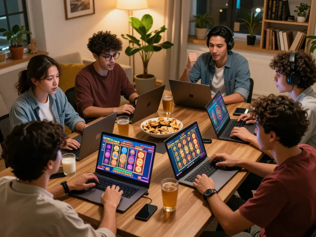 Friends enjoying multiple slot gacor hari ini games on their devices, creating excitement in a cozy home setting.
