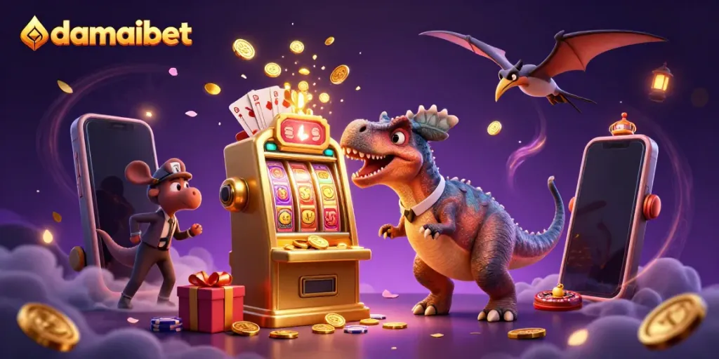 Jackpot uang koin dari mesin slot di damaibet dengan dinosaurus beraksi di kasino