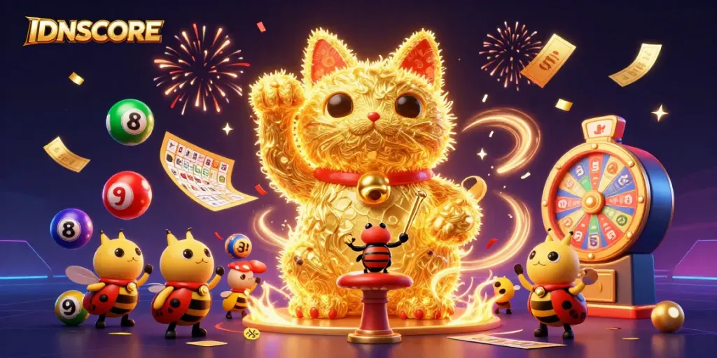 Experience winning moments with IDNSCORE's animated lucky cat and lively casino elements.