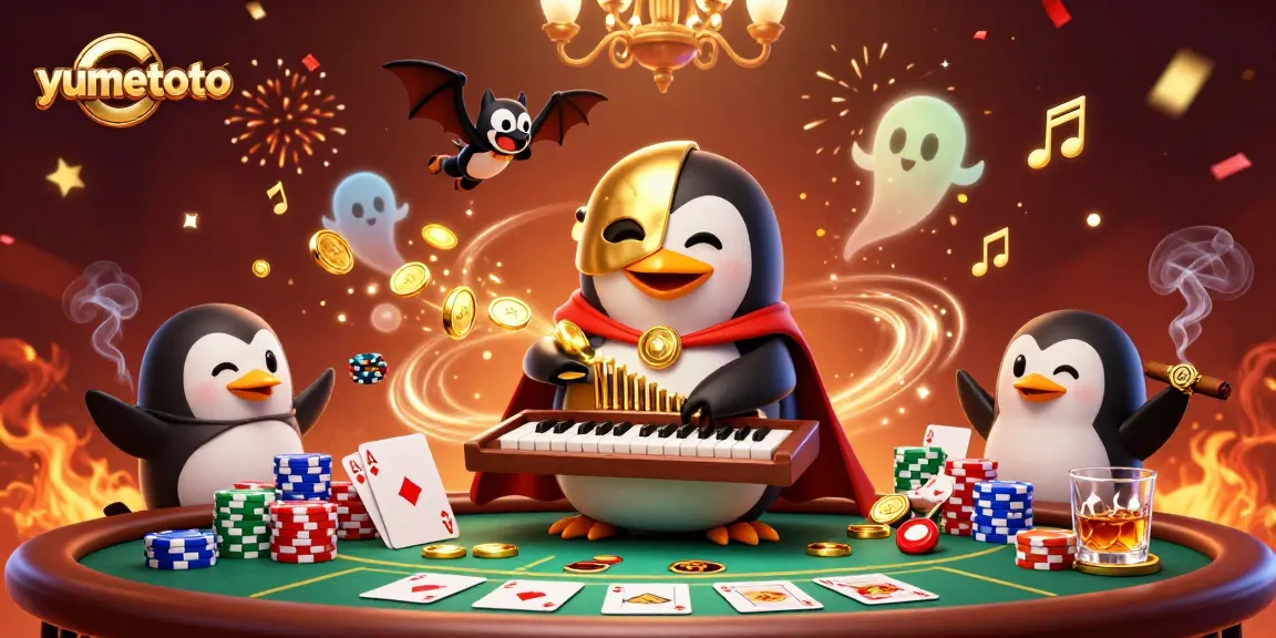Experience the thrill of yumetoto as a pirate-themed penguin delivers coins from a pipe organ amid sparkling celebrations and a lively casino atmosphere.