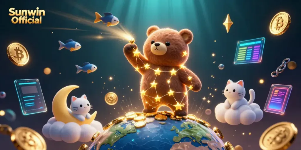 Engage in winning with Sunwin Official as the constellation bear collects coins in a dynamic casino-themed scene.