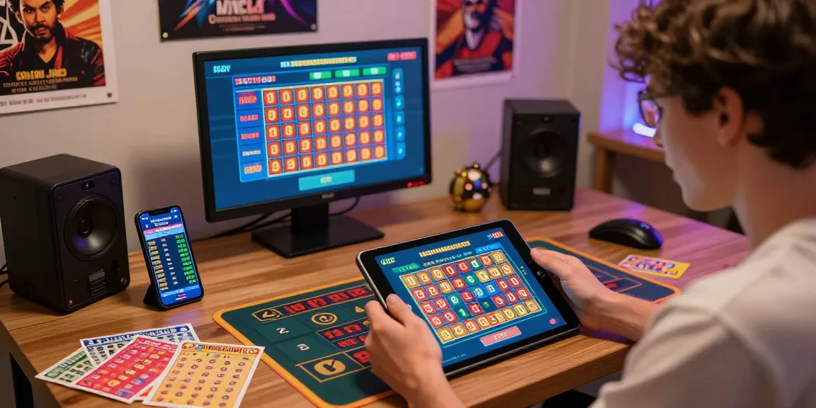 Pengguna aktif ratutogel memasang taruhan dengan tablet dan tiket lotere di ruang nyaman.