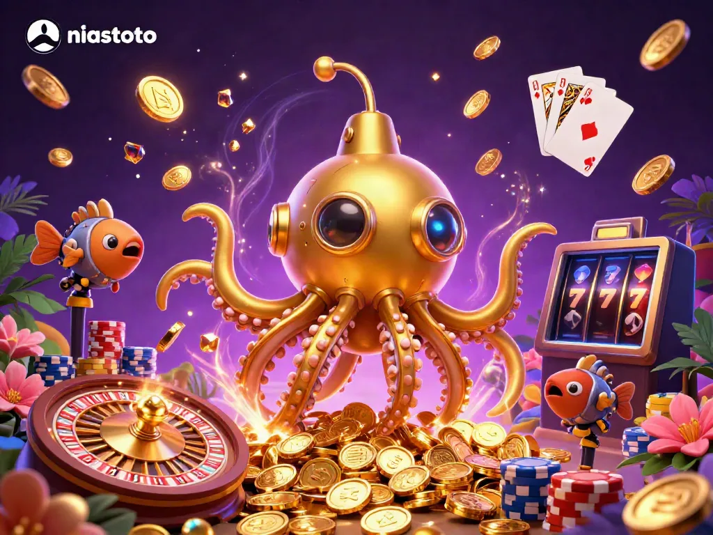 Experience thrilling wins at NIASTOTO with vibrant casino elements featuring a glowing kraken and golden coins.
