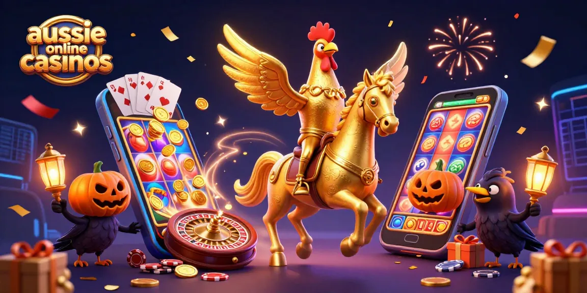 A dynamic scene showcasing aussie online casinos with a golden rooster on a spectral horse, colorful slot games, and festive elements.