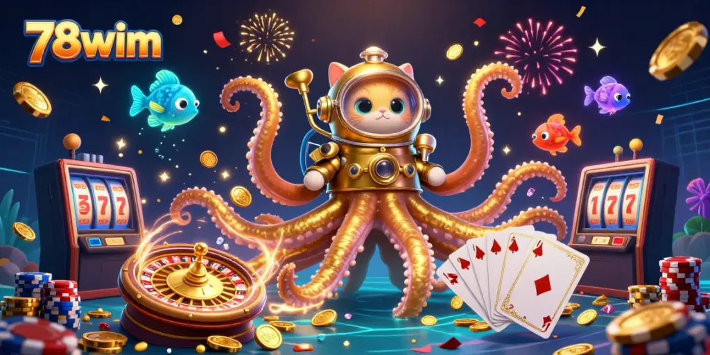 Engage with vibrant 78wim gaming action featuring a kraken and diving cat in an exciting casino scene.