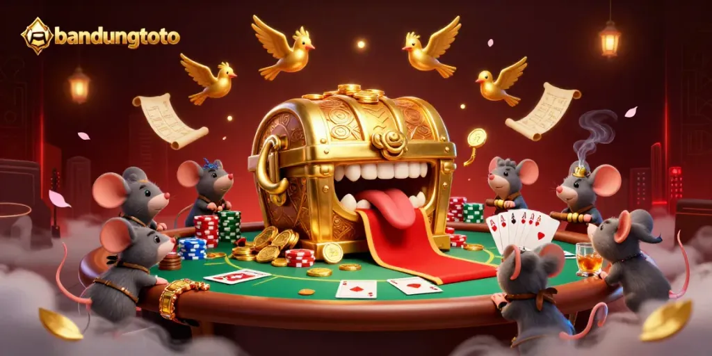 Engage in thrilling fun with bandungtoto's vibrant casino adventure featuring treasure chests and poker action.
