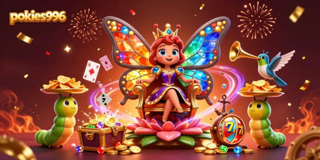 Experience pokies996 as the butterfly queen rules the casino, surrounded by vibrant jackpot symbols and treasures.