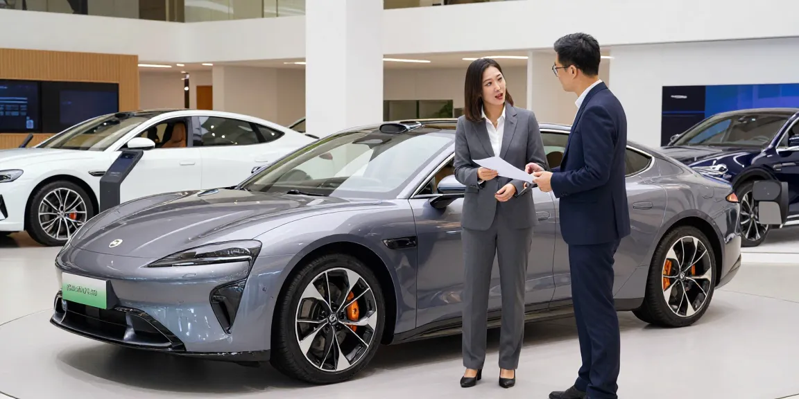 Showroom mobil mewah LUXURY 777 dengan konsultan yang menjelaskan fitur kendaraan kepada pelanggan.