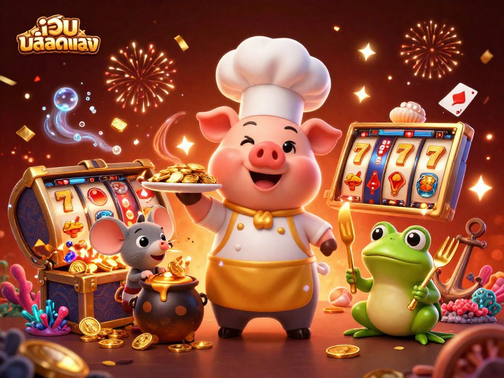 Explore the exciting เว็บสล็อตตรง gaming scene featuring vibrant slot reels and characters amidst treasure.