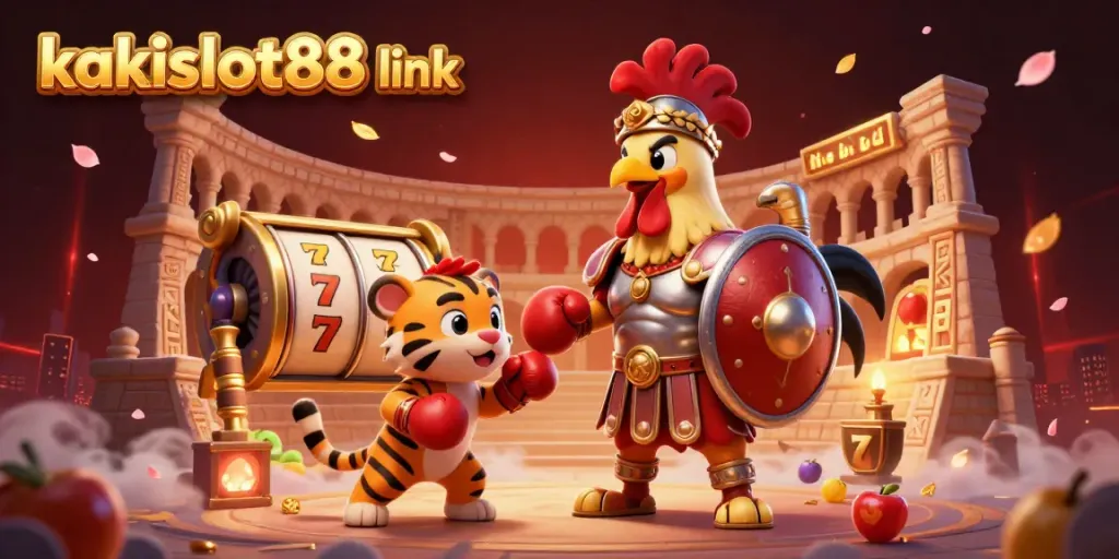 Slot online kakislot88 link dengan ilustrasi ayam gladiator dan simbol perjudian yang mengelilinginya.