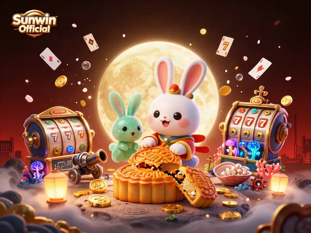 Engage with Sunwin Official at this vibrant online casino illustration featuring a 3D moon rabbit and dynamic gaming elements.