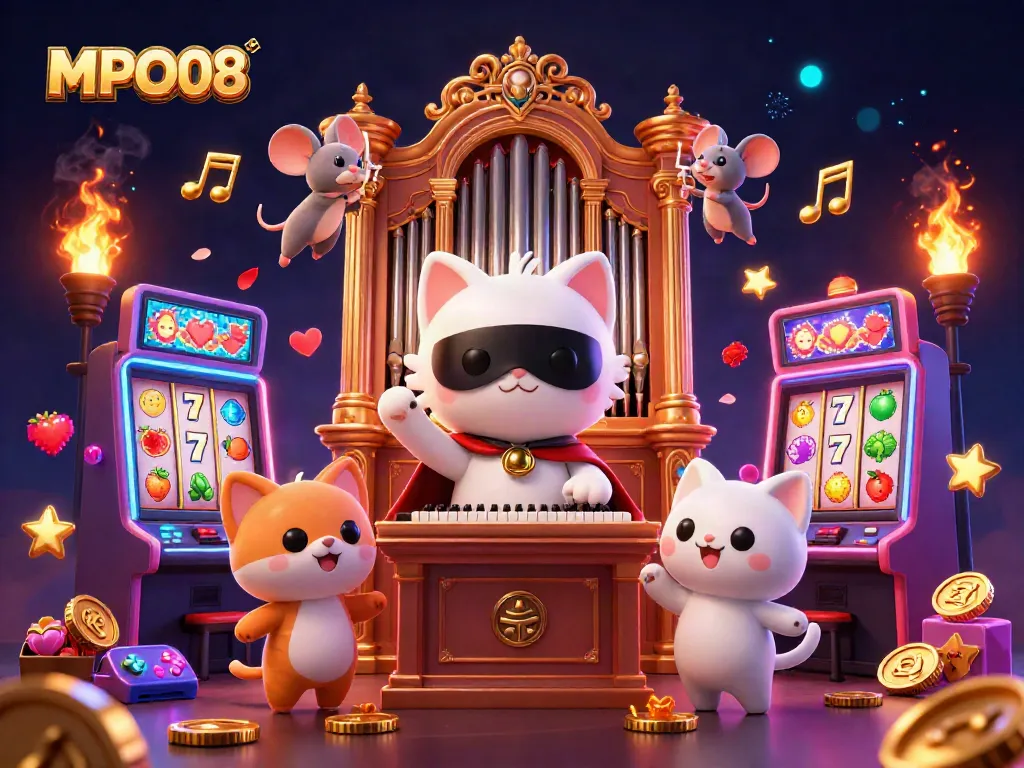 MPO08 showcases an enchanting phantom cat at a casino organ surrounded by vibrant slot game elements.