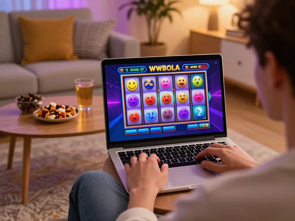 Engaging in slot gameplay on WWBOLA from a cozy home setting with colorful visuals.
