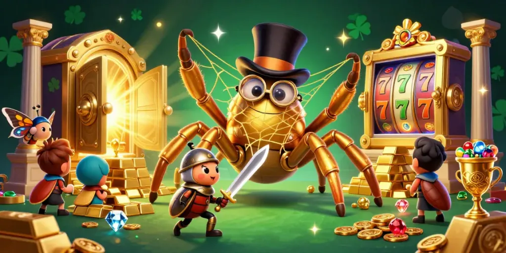 Experience thrilling action at mesin slot with a giant tarantula and a beetle knight amidst treasure and slot reel motifs.