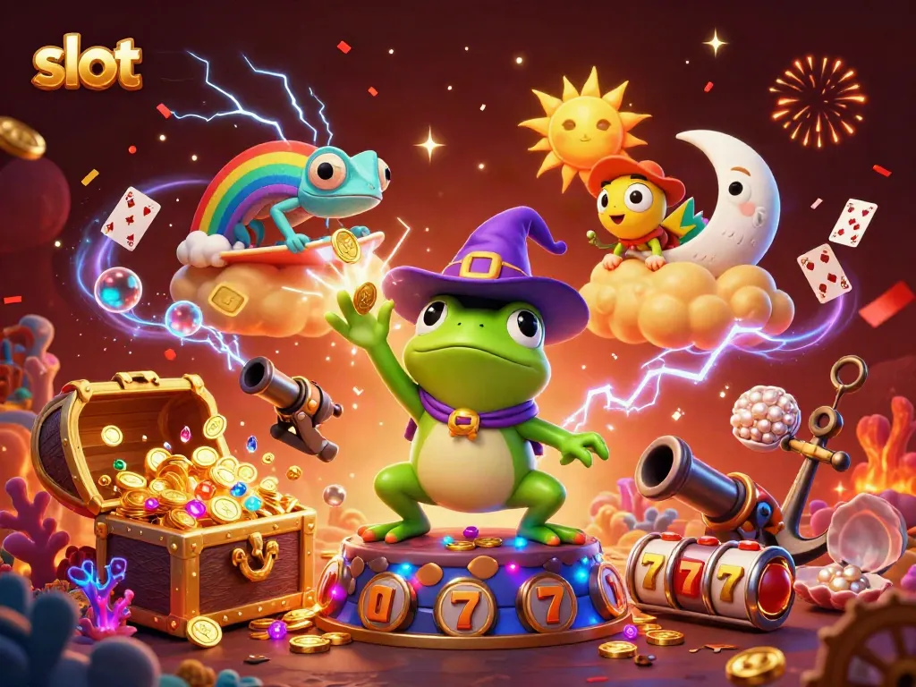 Slot yang memukau memicu badai koin emas dan simbol keberuntungan dalam ilustrasi kasino digital