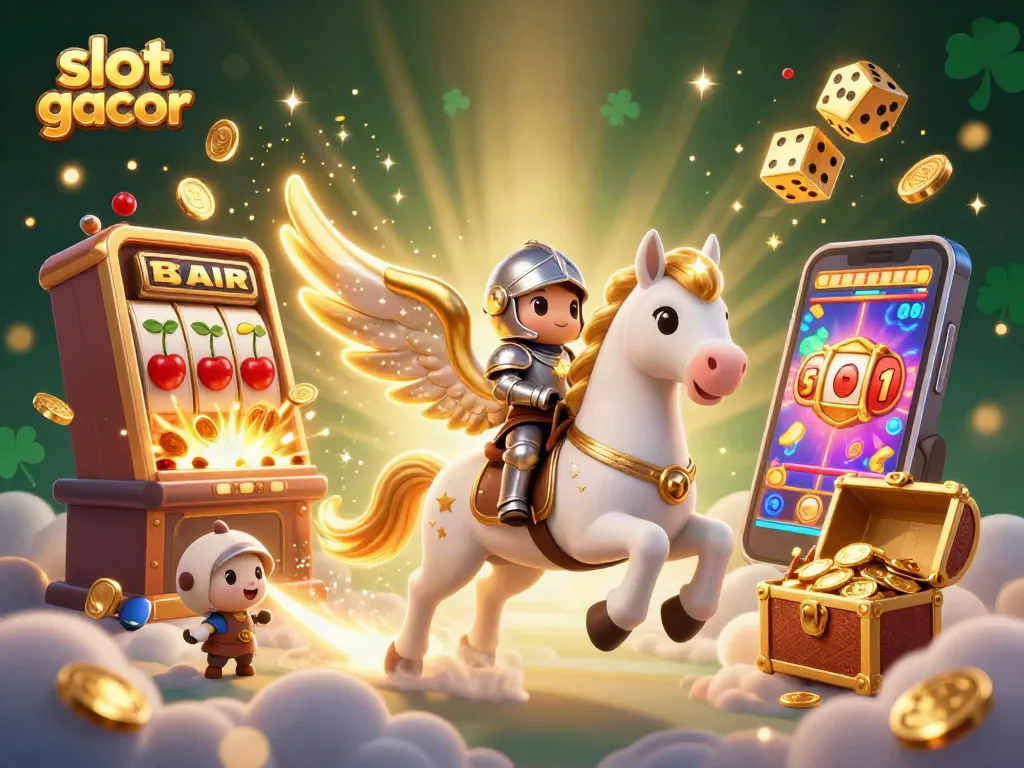 Menangkan slot gacor dengan ilustrasi kuda putih bercahaya dan mesin slot jackpot.
