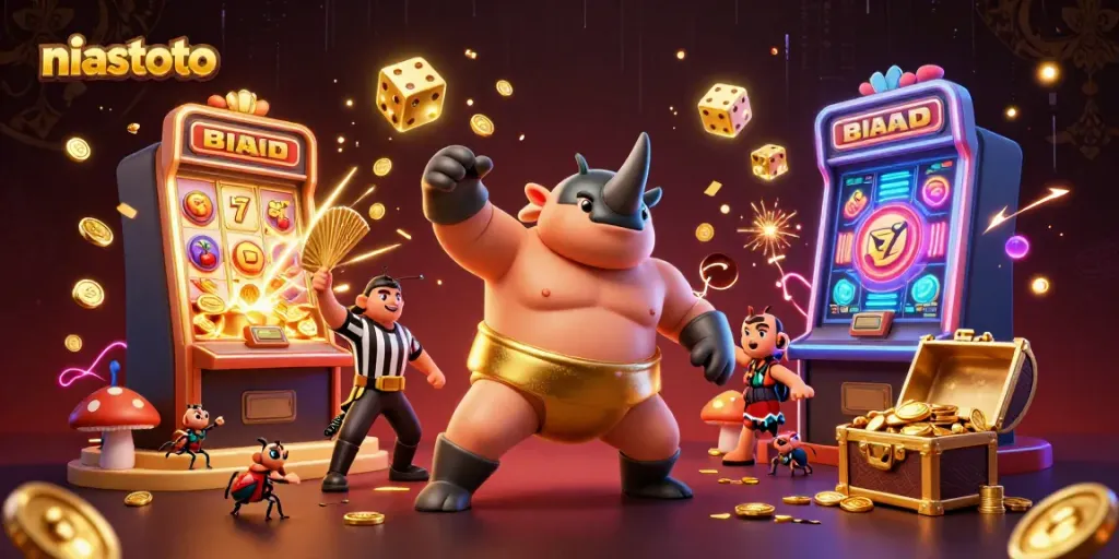 NIASTOTO features a powerful beetle champion in a casino scene with coins, slot machines, and festive energy.