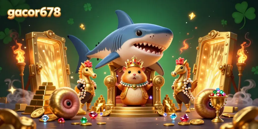 Engage with gacor678's thrilling gaming experience featuring a hamster king amidst golden treasures and gems!
