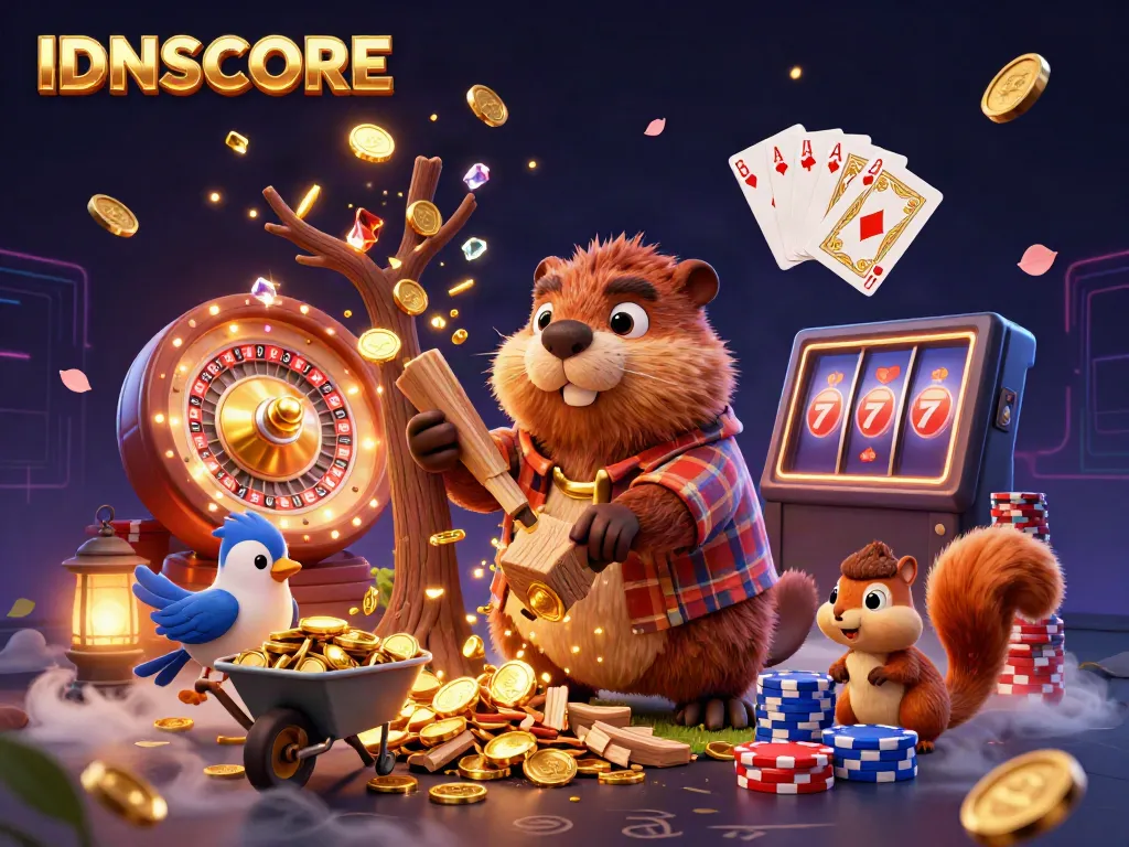 Experience the thrill of IDNSCORE with a whimsical scene featuring characters celebrating a lucky casino moment.