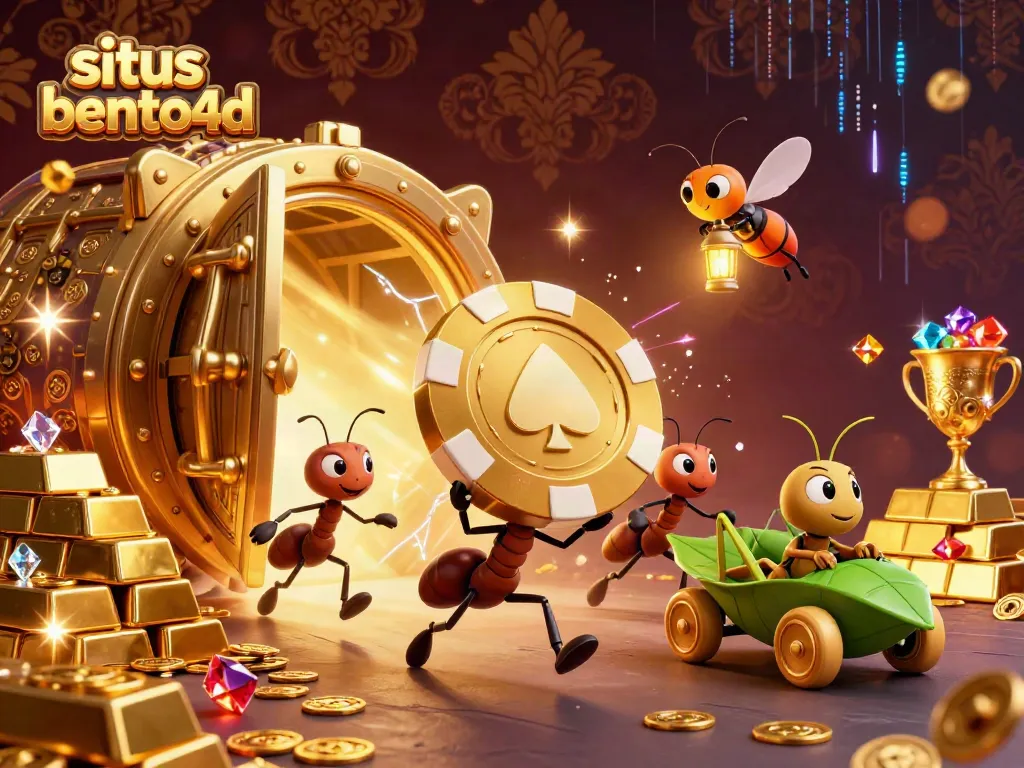 Catch the excitement of situs bento4d with ants stealing a giant poker chip in a vibrant casino heist scene.