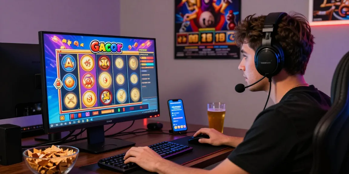 Pengalaman bermain Slot Gacor online dengan pemain fokus menggunakan komputer dan aksesori permainan di lingkungan yang nyaman.