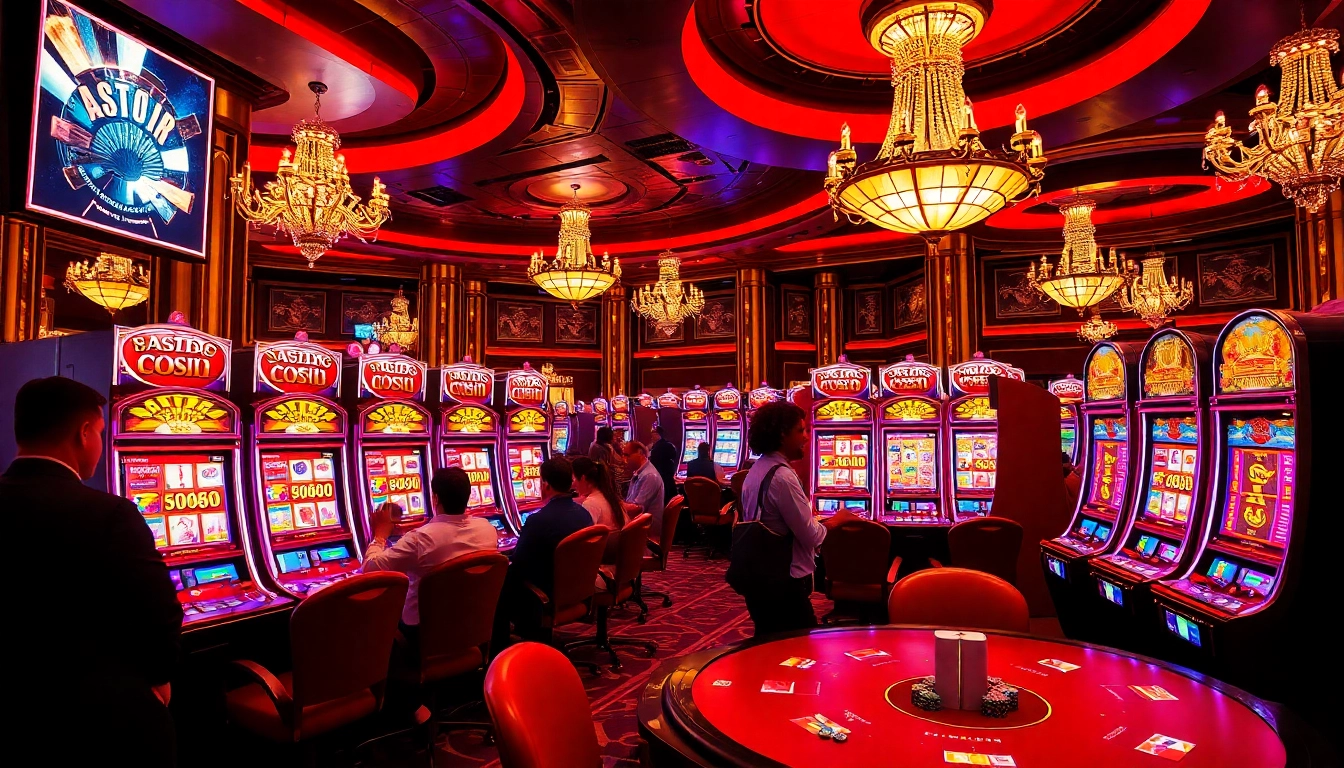 Para pemain menikmati aksi slot gacor yang intens di kasino mewah dengan mesin yang terang benderang.