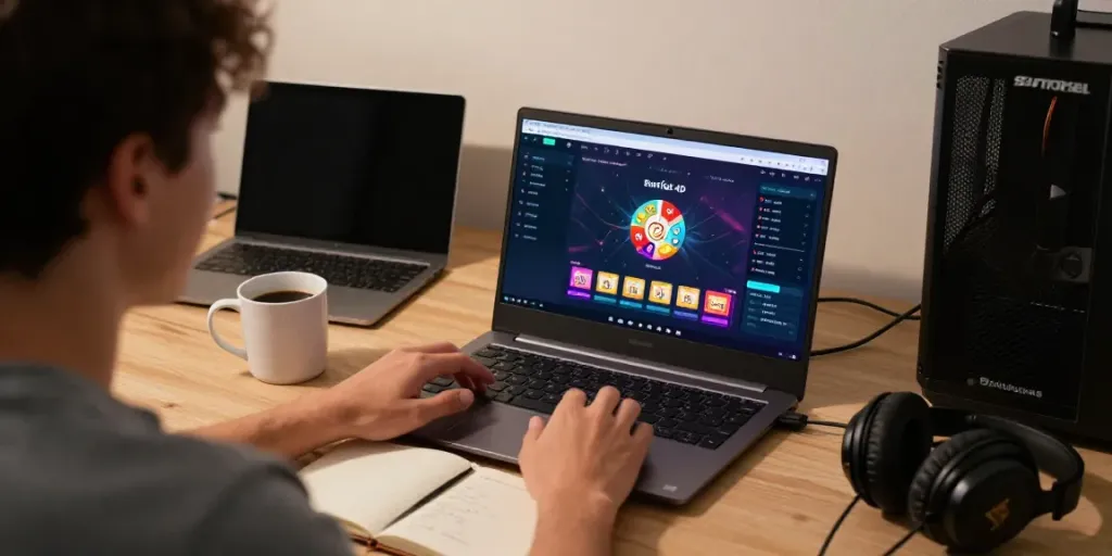 Pengguna aktif di platform buntogel dengan antarmuka Toto Togel 4D di laptop.