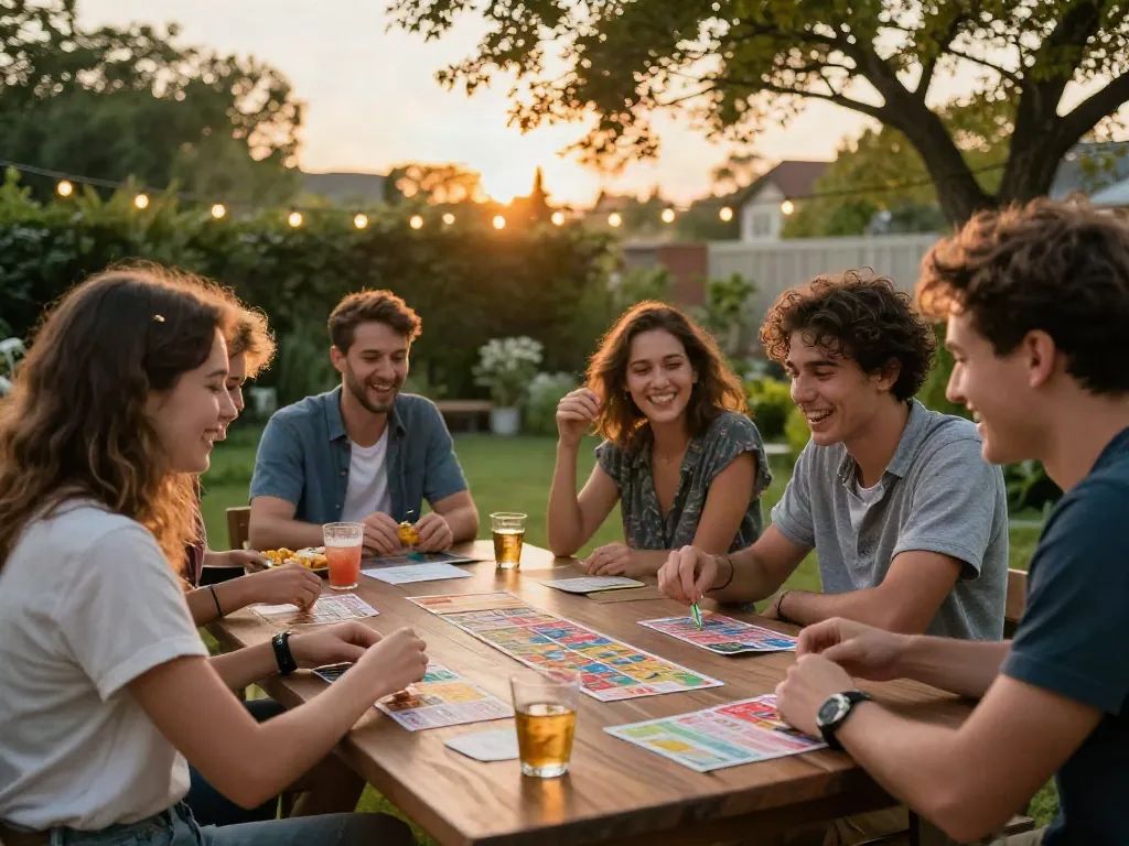BUKUMIMPI138, suasana bermain togel di taman bersama teman-teman pada saat senja.