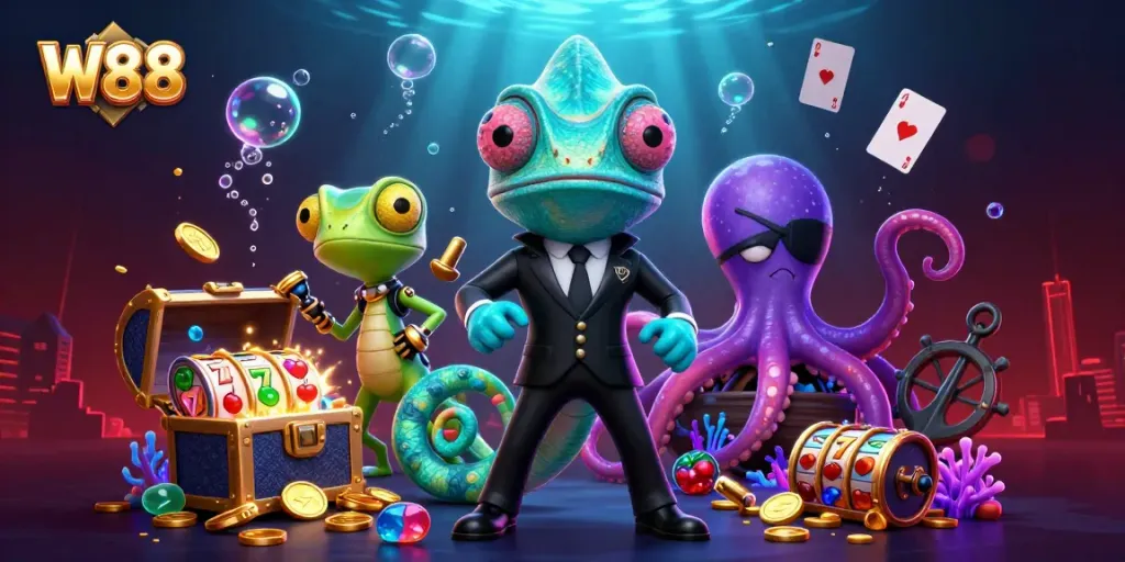 W88 offers a thrilling casino adventure featuring vibrant characters and gaming elements.